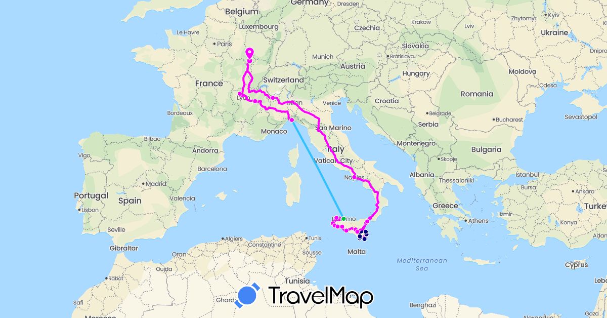 TravelMap itinerary: driving, bus, boat, camping car in France, Italy (Europe)