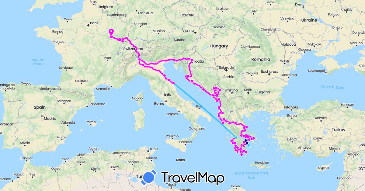 TravelMap itinerary: driving, boat, camping car in Albania, France, Greece, Croatia, Italy, Montenegro (Europe)