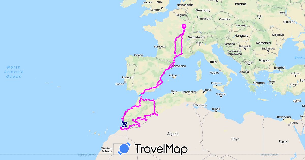 TravelMap itinerary: driving, boat, camping car in Spain, France, Morocco (Africa, Europe)