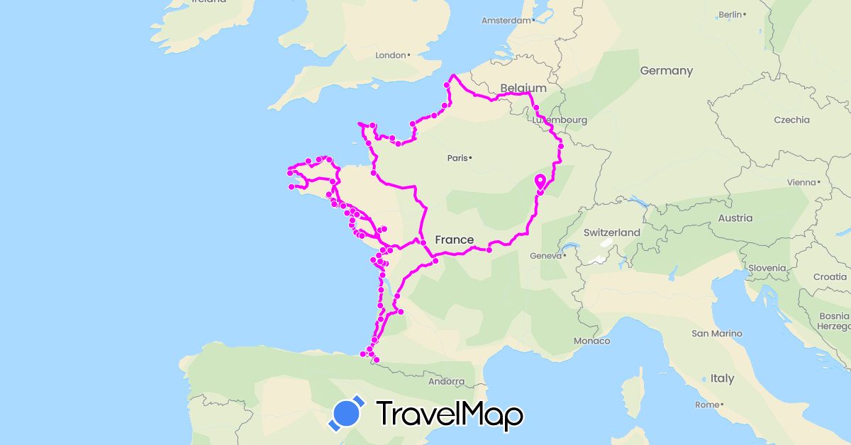 TravelMap itinerary: driving, camping car in Belgium, Spain, France (Europe)